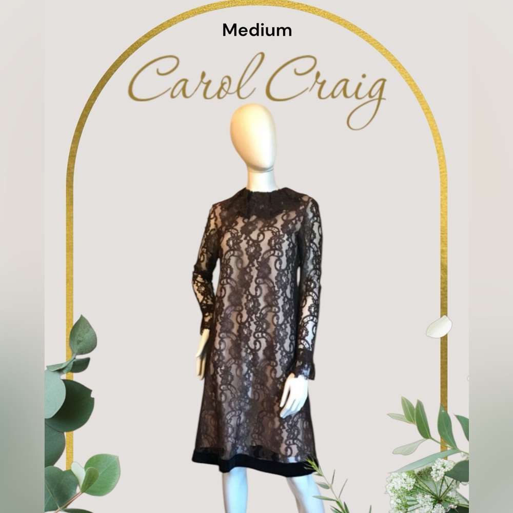 CAROL CRAIG Vtg 60s Black Floral Lace Overlay Cocktail Dress-Bust 36~M